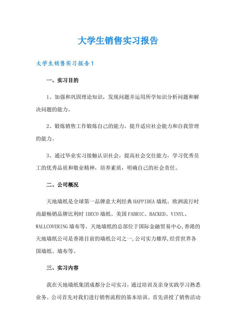 大学生销售实习报告