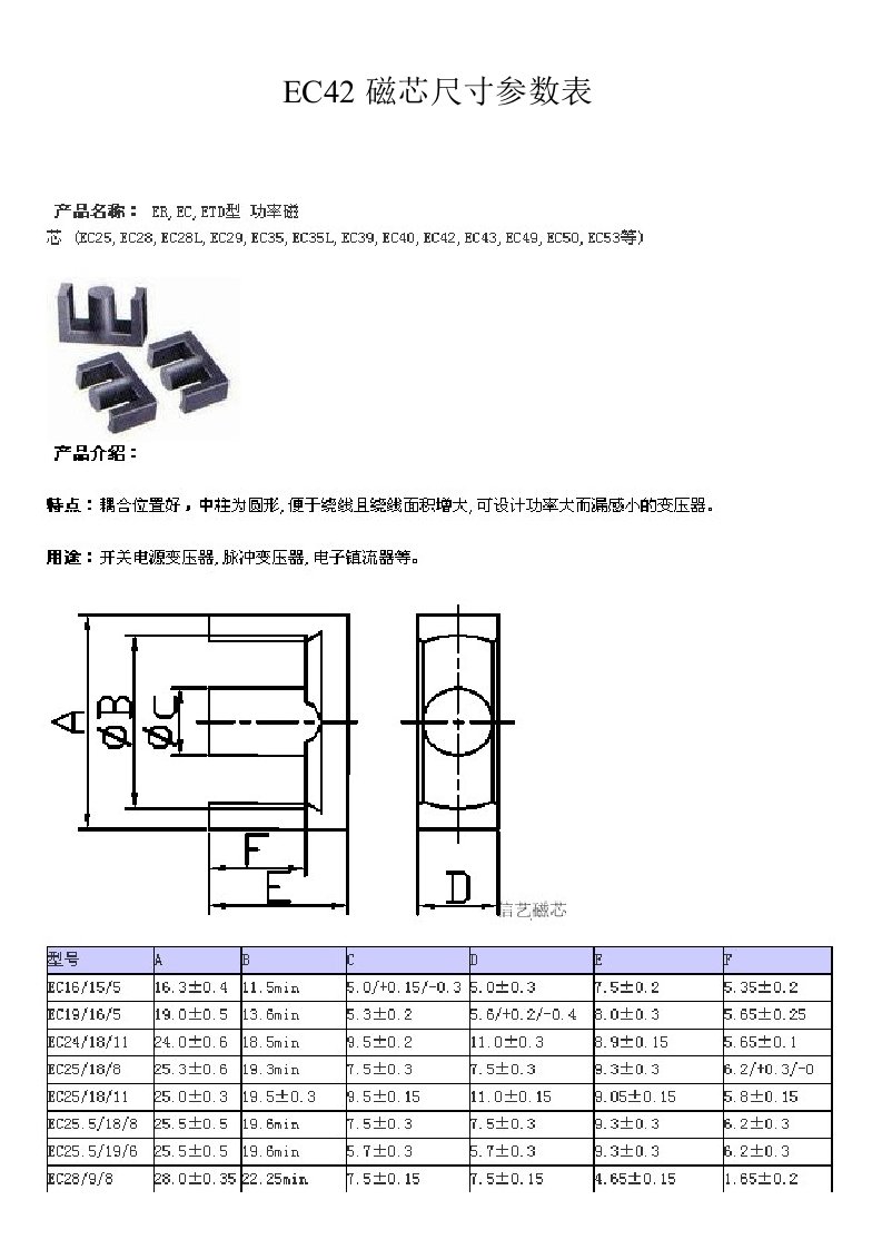 EC42磁芯尺寸参数表