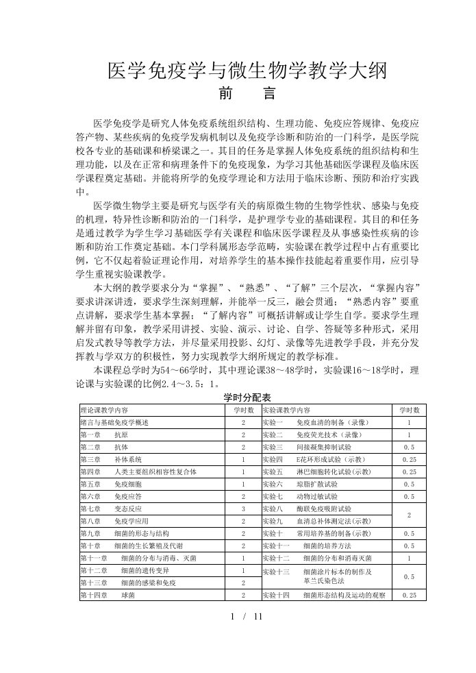 医学免疫学与微生物学教学大纲