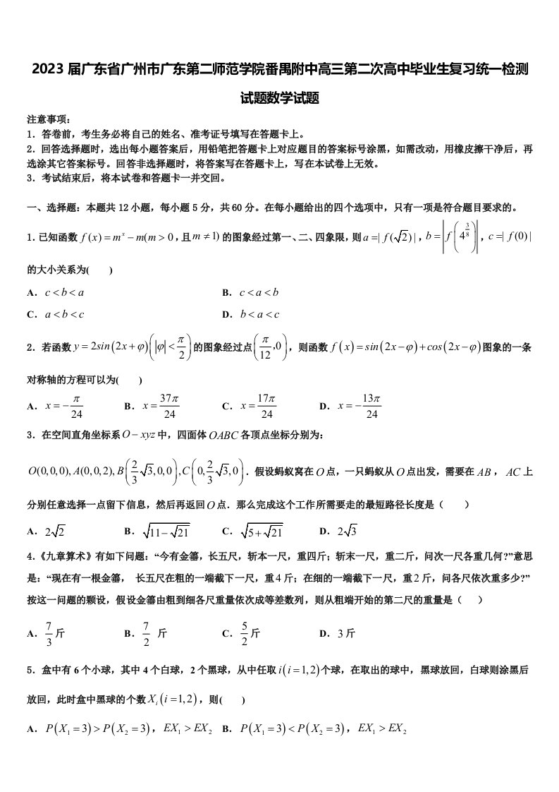 2023届广东省广州市广东第二师范学院番禺附中高三第二次高中毕业生复习统一检测试题数学试题含解析