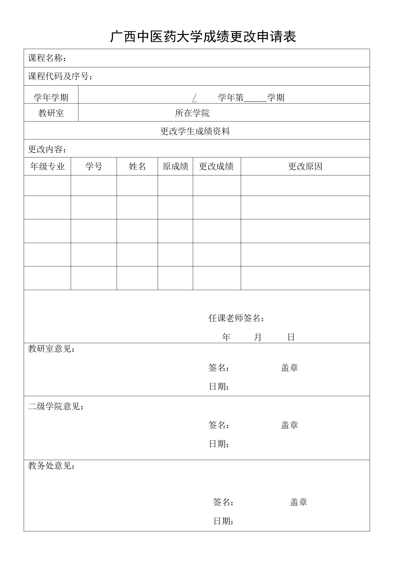 广西中医药大学成绩更改申请表