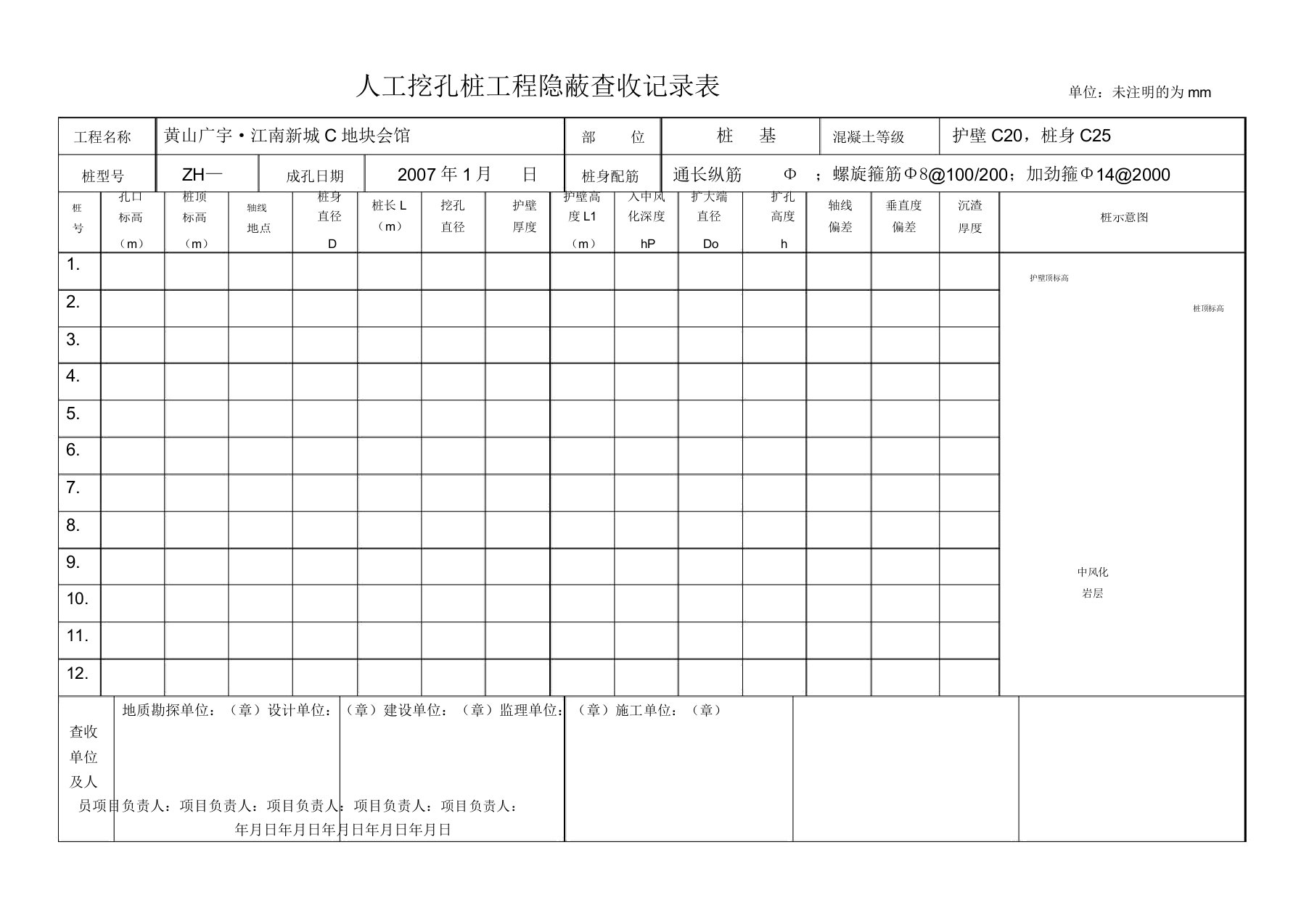 人工挖孔桩隐蔽工程验收记录表