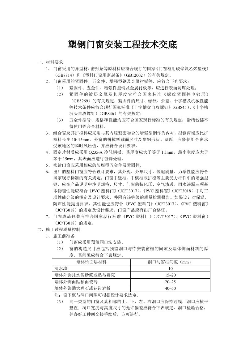 塑钢门窗安装工程技术交底