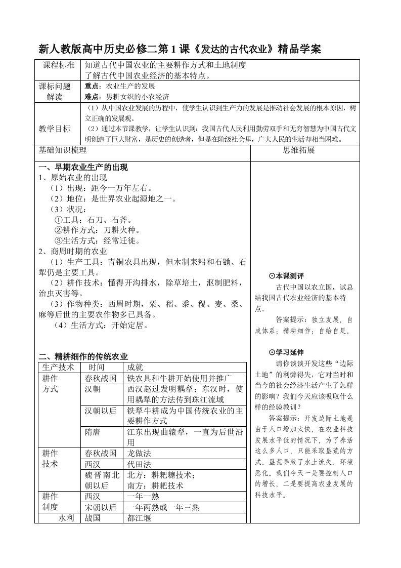 高中历史必修二第1课发达的古代农业精品学案