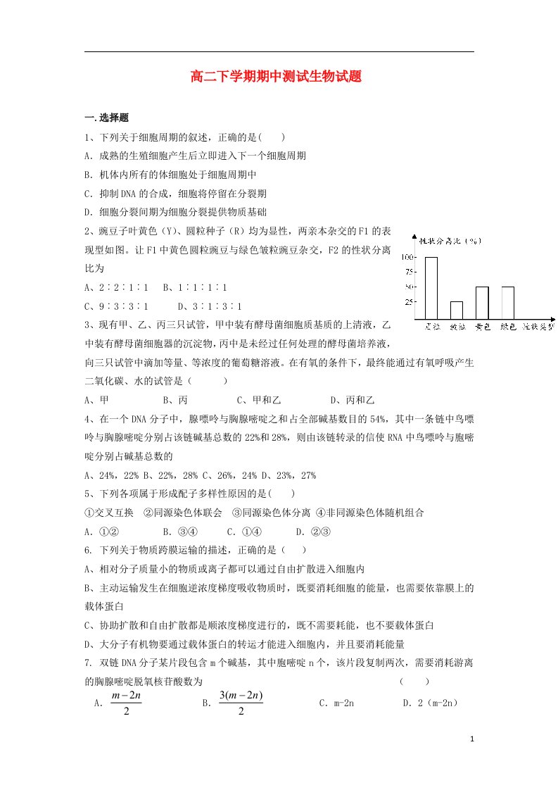 青海省青海师大二附中高二生物下学期期中测试试题（无答案）新人教版