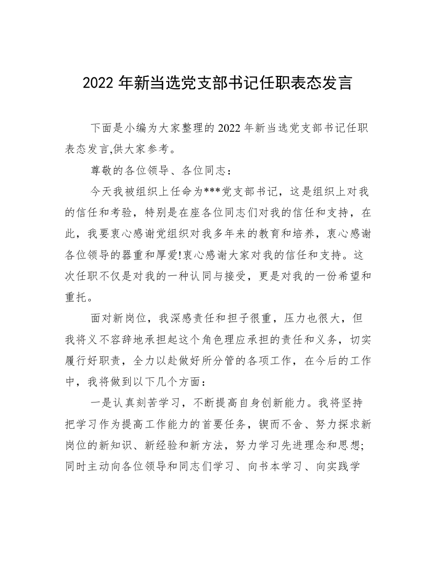 2022年新当选党支部书记任职表态发言