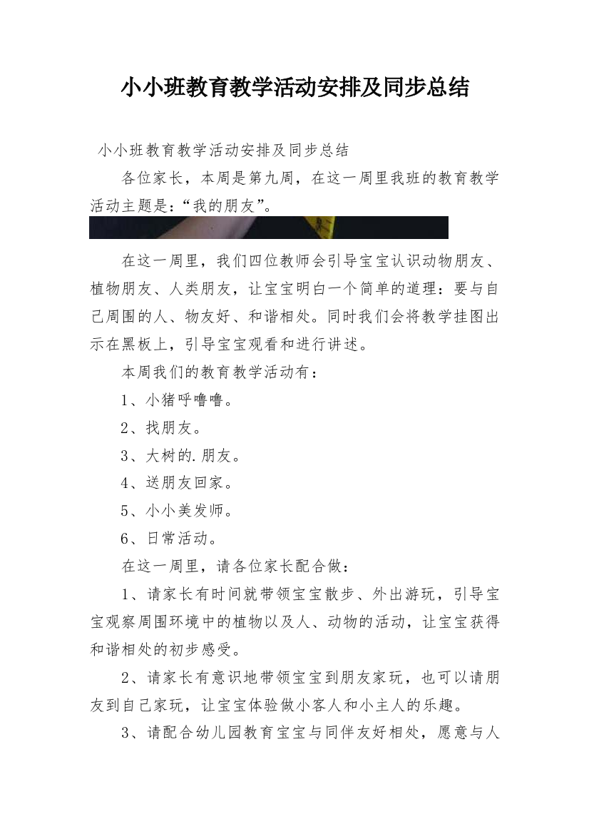 小小班教育教学活动安排及同步总结