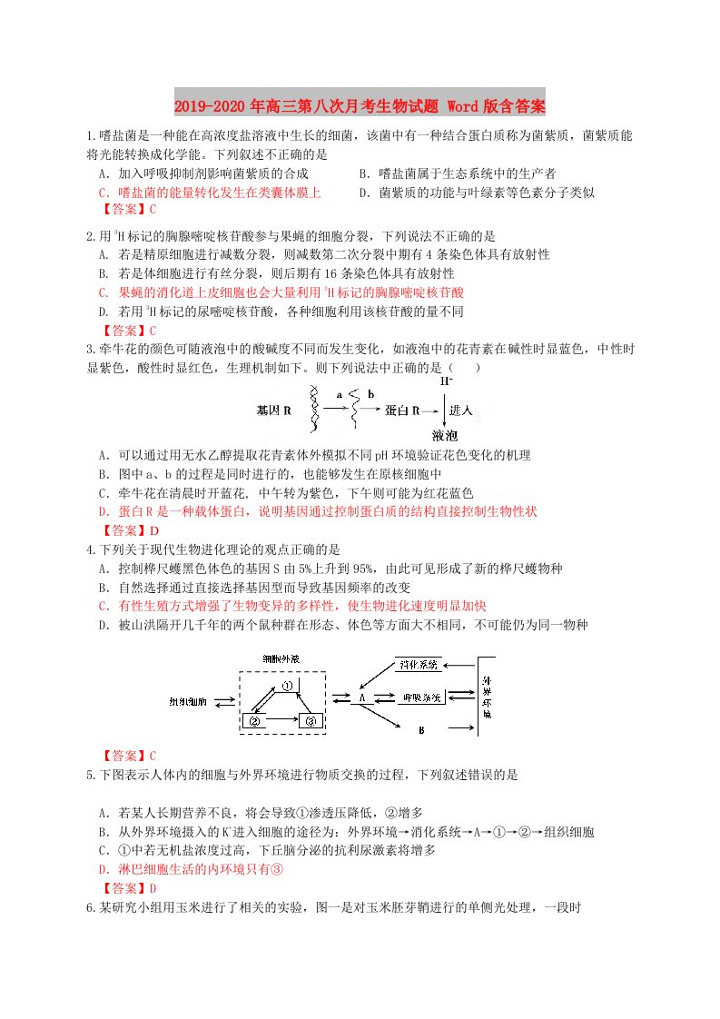 2019-2020年高三第八次月考生物试题