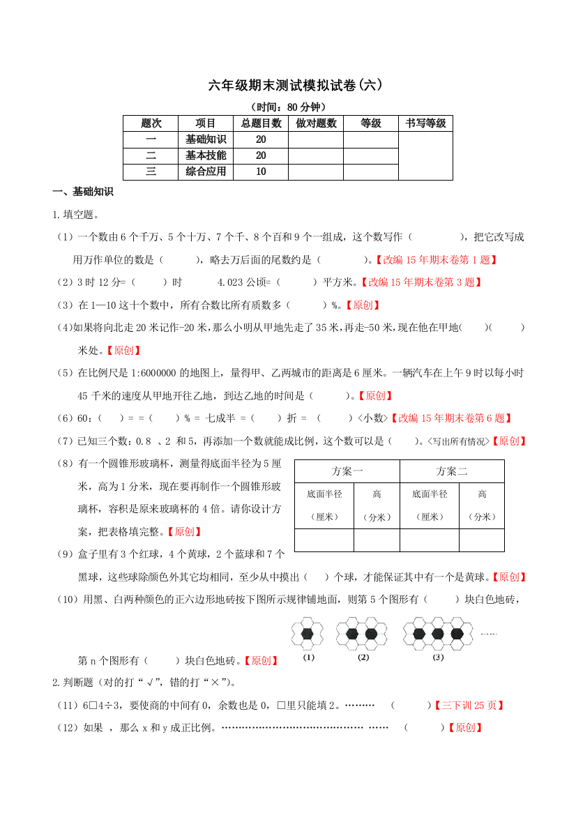 【小学中学教育精选】第二学期六年级数学期末测试模拟试卷(六)