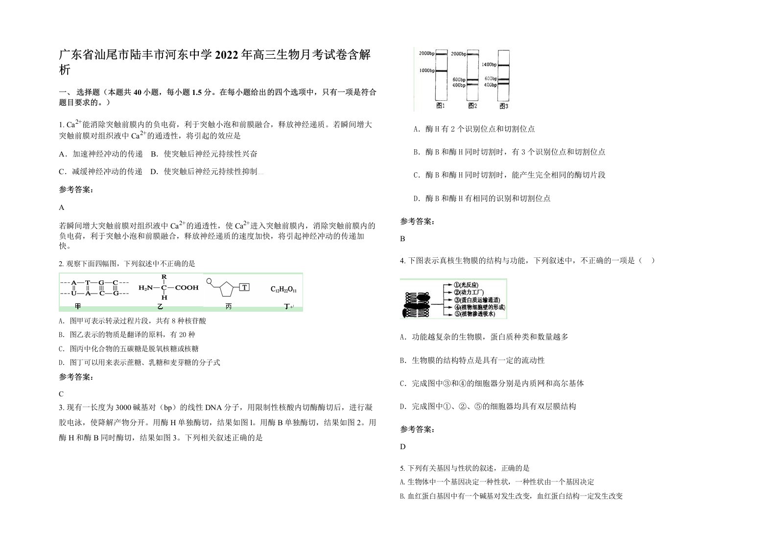 广东省汕尾市陆丰市河东中学2022年高三生物月考试卷含解析