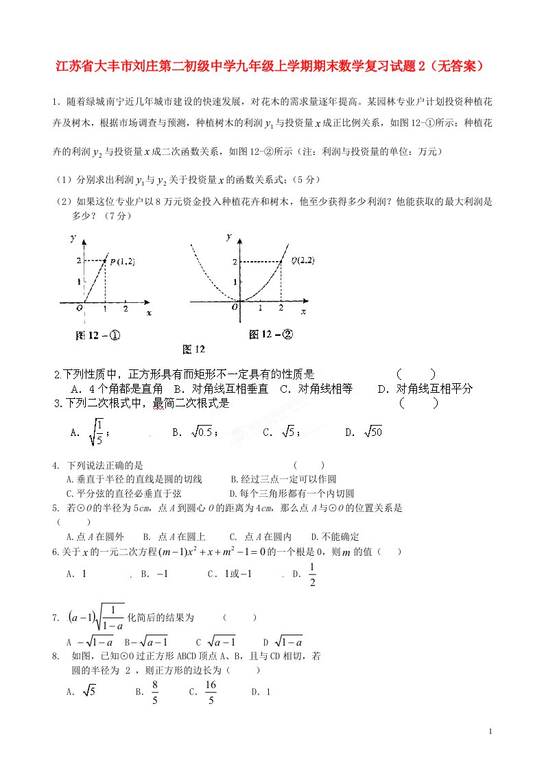 江苏省大丰市刘庄第二初级中学九级数学上学期期末复习试题2（无答案）