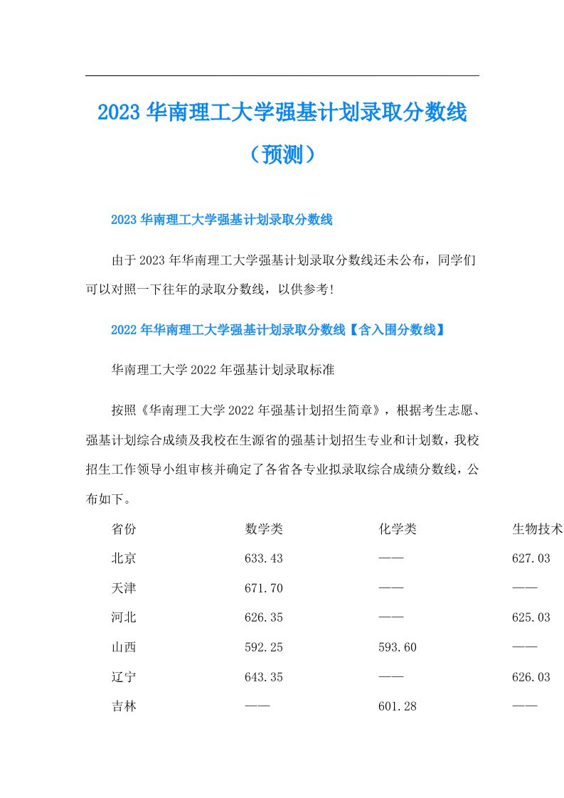 华南理工大学强基计划录取分数线（预测）