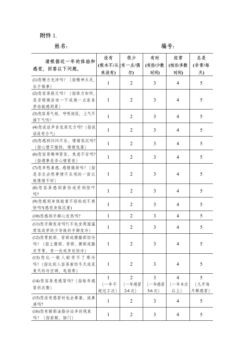 老年人中医体质辨识表