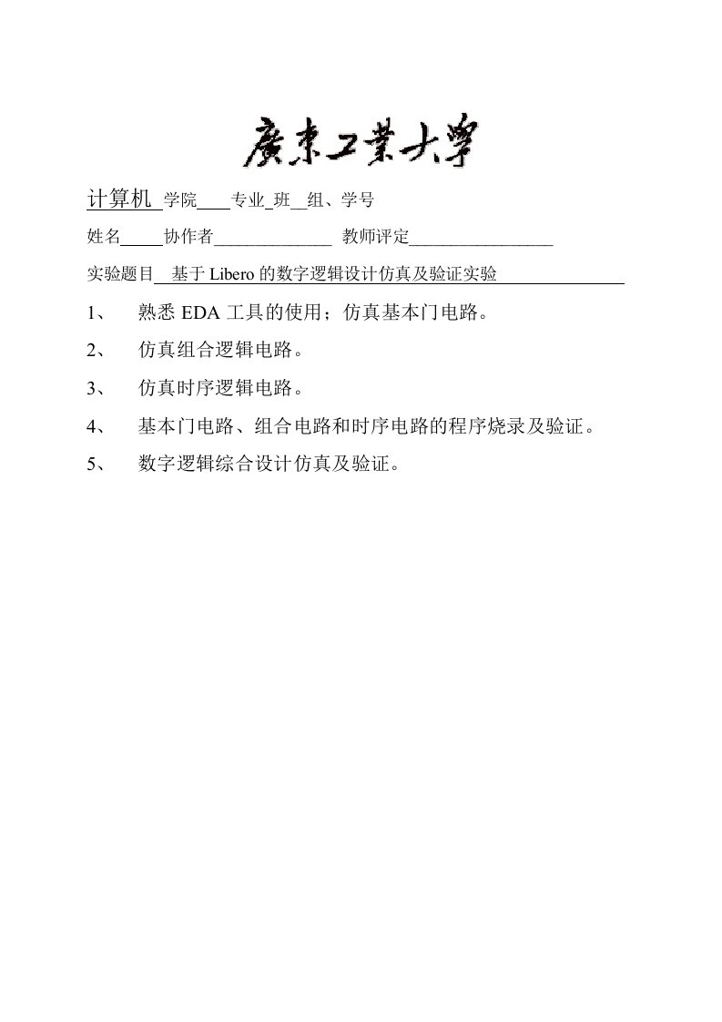 广东参考资料工业大学—基于Libero的数字逻辑设计仿真及验证实验实验报告