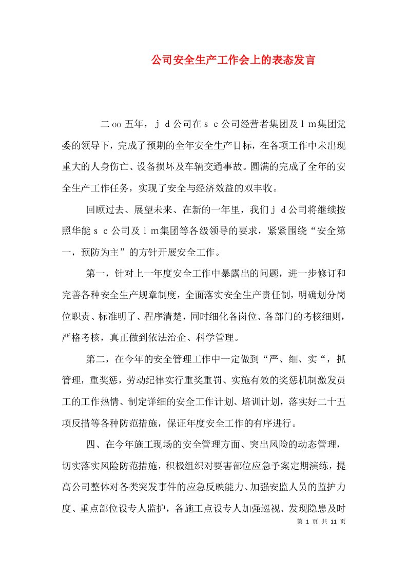 公司安全生产工作会上的表态发言