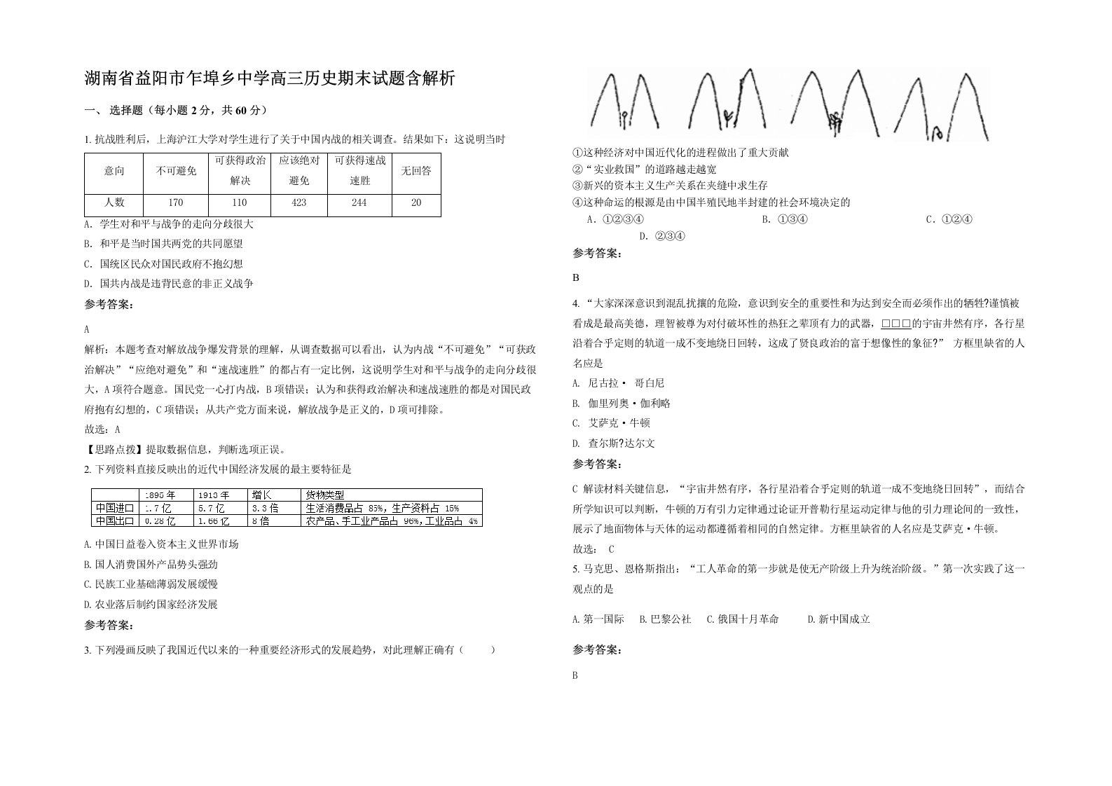 湖南省益阳市乍埠乡中学高三历史期末试题含解析