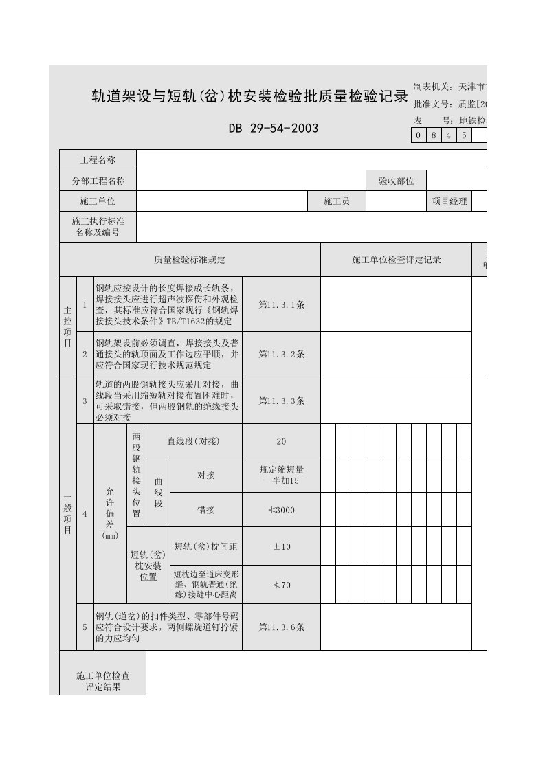 轨道架设与短轨（岔）枕安装检验批质量检验记录