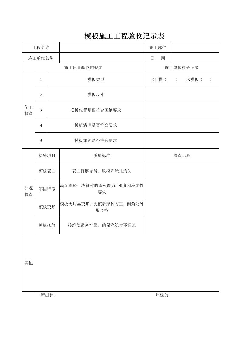 模板施工工程验收记录表