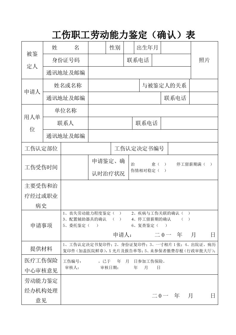 工伤职工劳动能力鉴定确认表