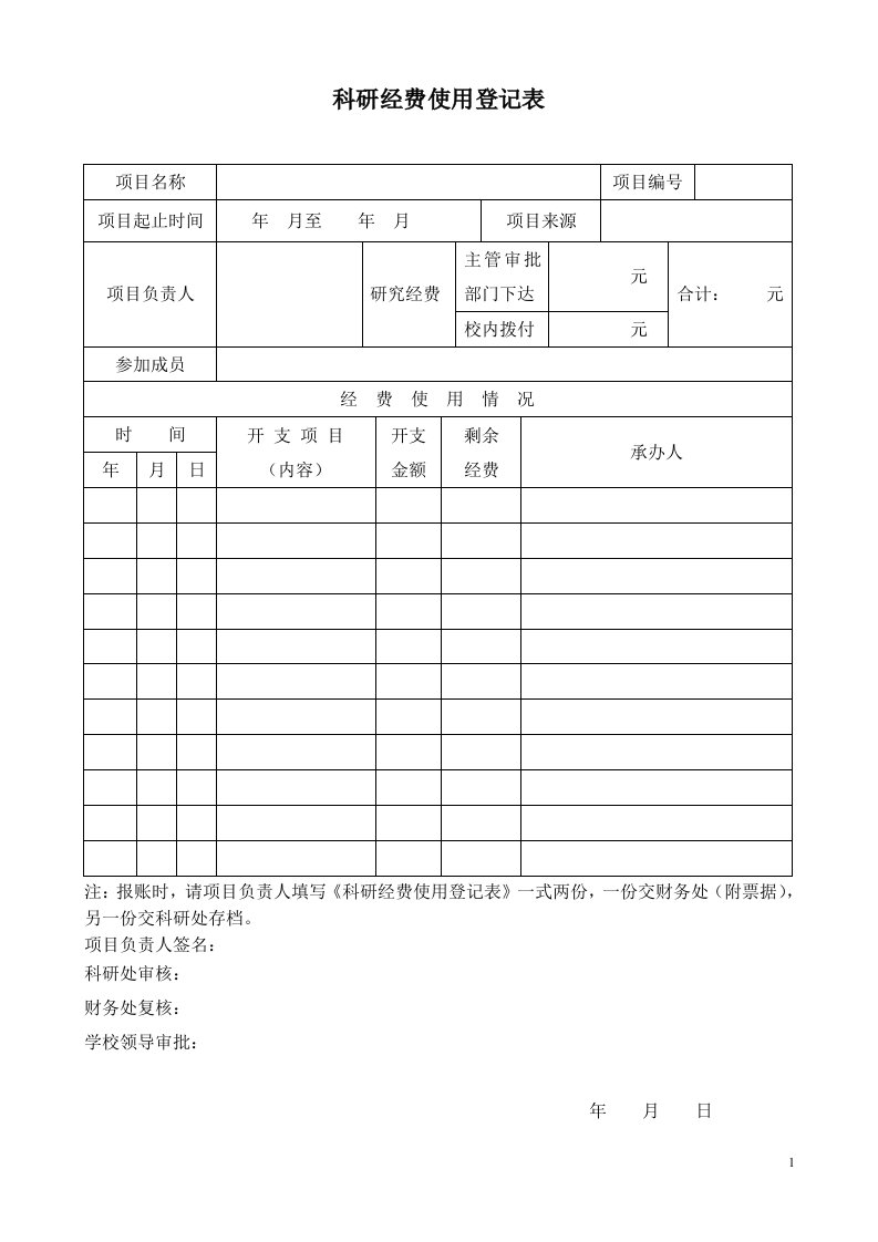 科研经费使用登记表