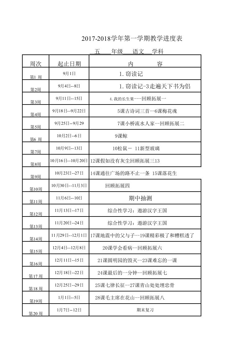 2017-2018学年第一学期五年级上册教学进度表