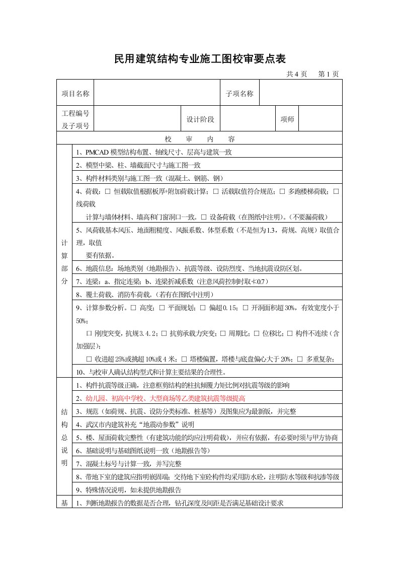 民用建筑结构专业施工图校审要点表