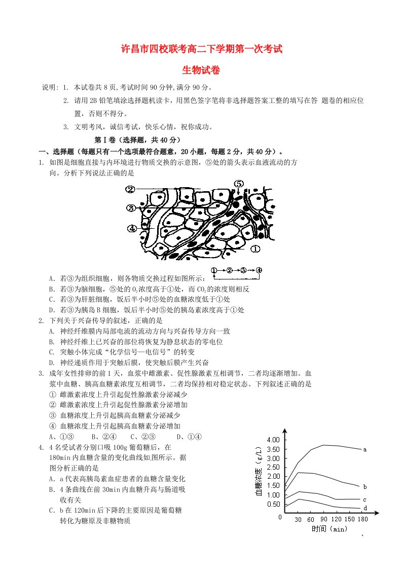 河南省许昌四校（许昌高级中学、襄城高中、长葛市第一高级中学等）高二生物下学期第一次考试试题