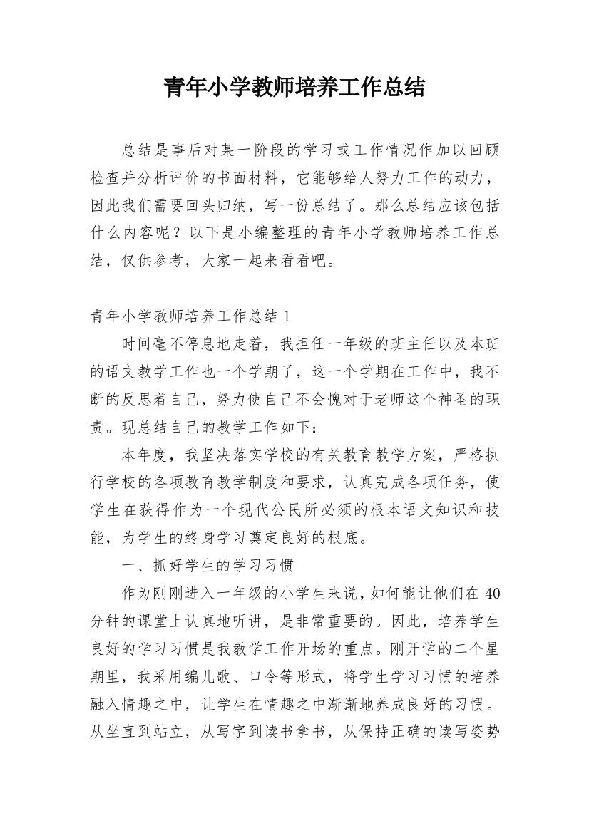 青年小学教师培养工作总结