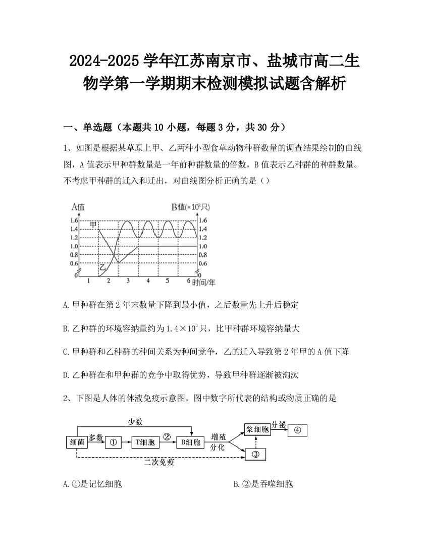 2024-2025学年江苏南京市、盐城市高二生物学第一学期期末检测模拟试题含解析