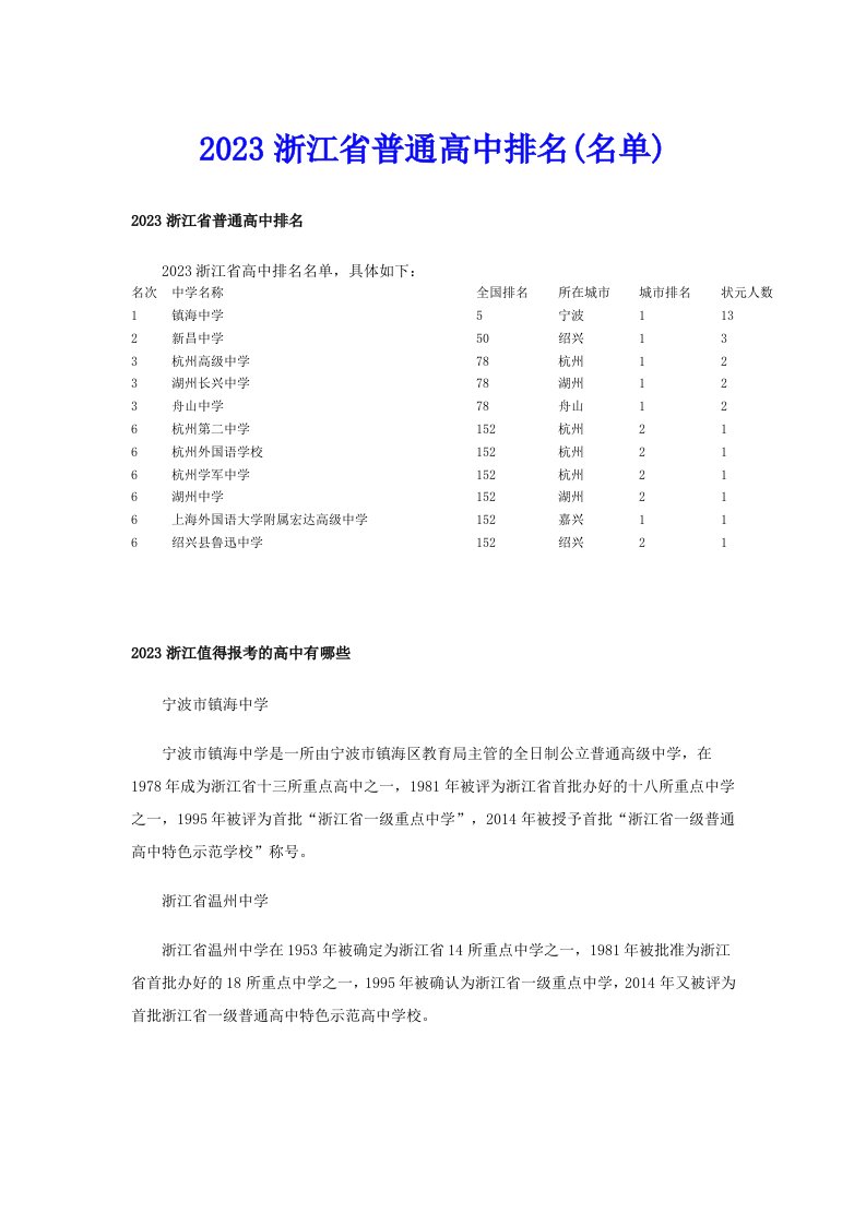 2023浙江省普通高中排名(名单)