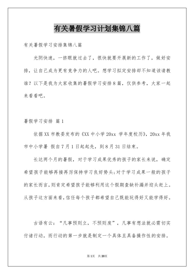 有关暑假学习计划集锦八篇