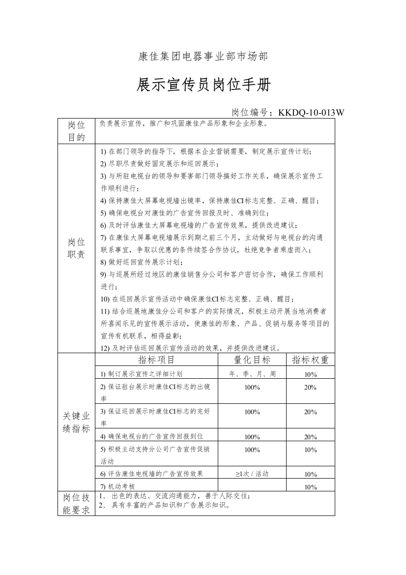 电器事业部市场部展示宣传员岗位手册一