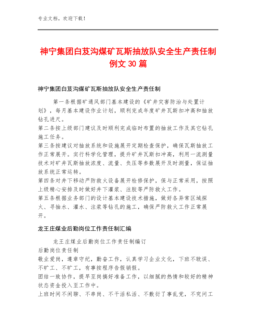 神宁集团白芨沟煤矿瓦斯抽放队安全生产责任制例文30篇