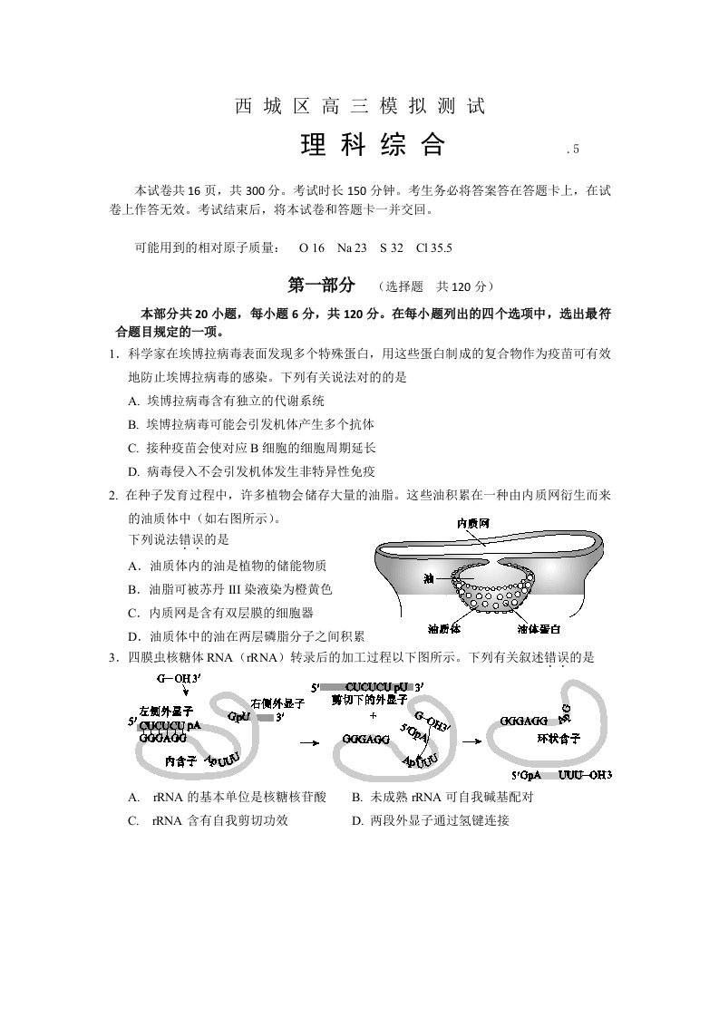 北京市西城区高三二模生物试题