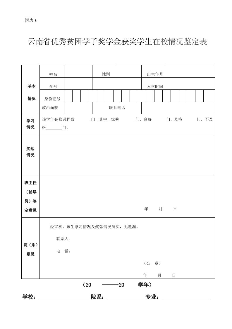 云南参考省优秀贫困学子奖学金获奖学生在校情况鉴定表