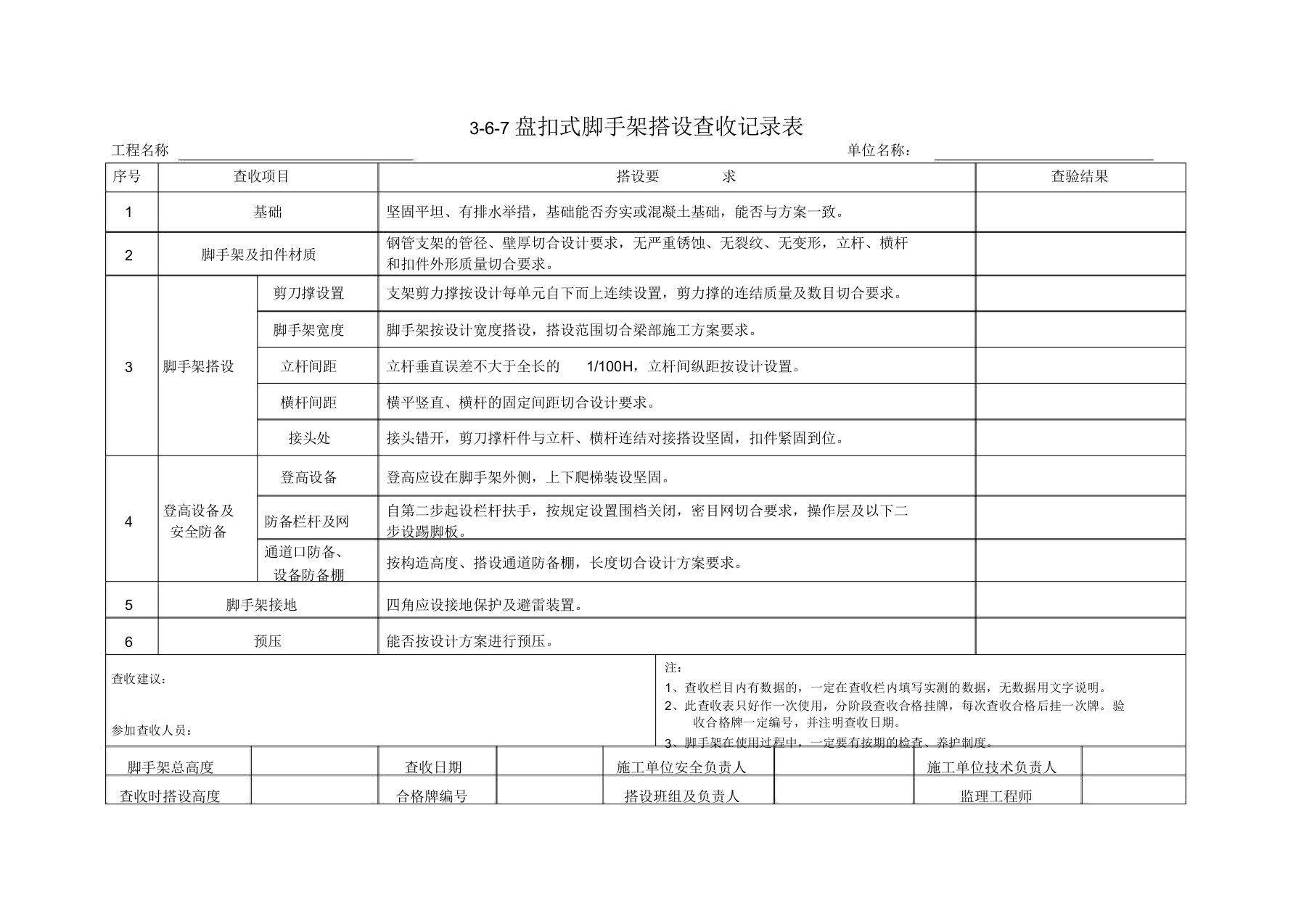 盘扣式脚手架搭设验收记录表