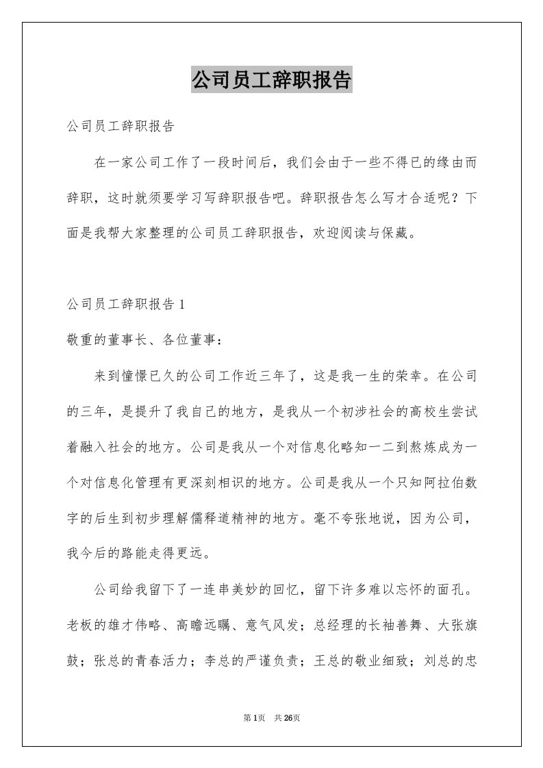 公司员工辞职报告例文1