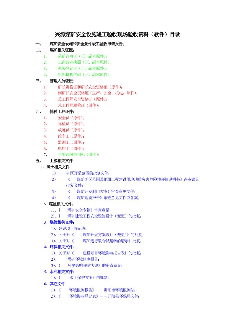 冶金行业-煤矿竣工验收现场验收资料目录