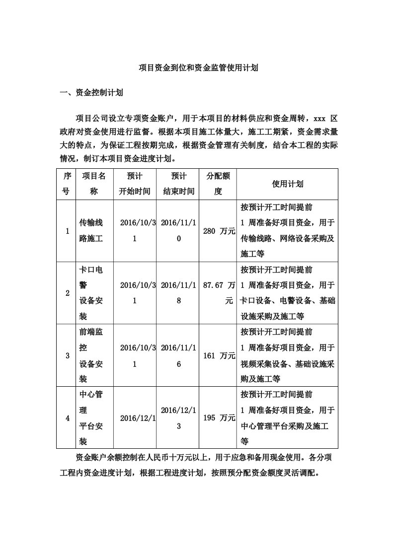 项目资金到位和资金监管使用计划