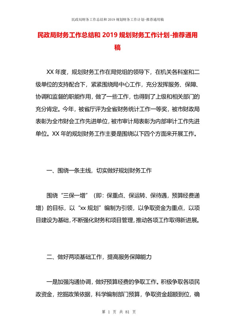 民政局财务工作总结和2019规划财务工作计划