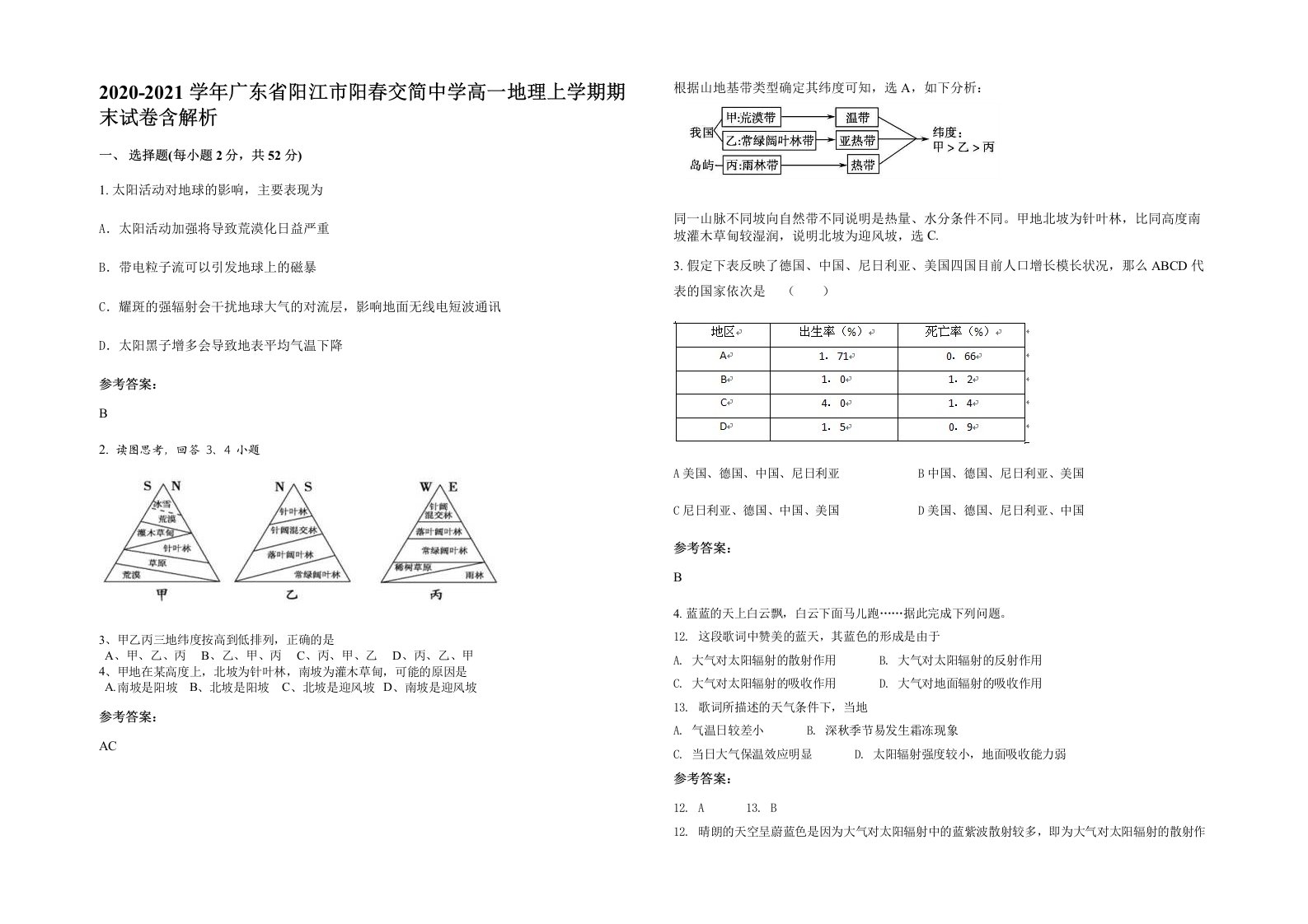 2020-2021学年广东省阳江市阳春交简中学高一地理上学期期末试卷含解析