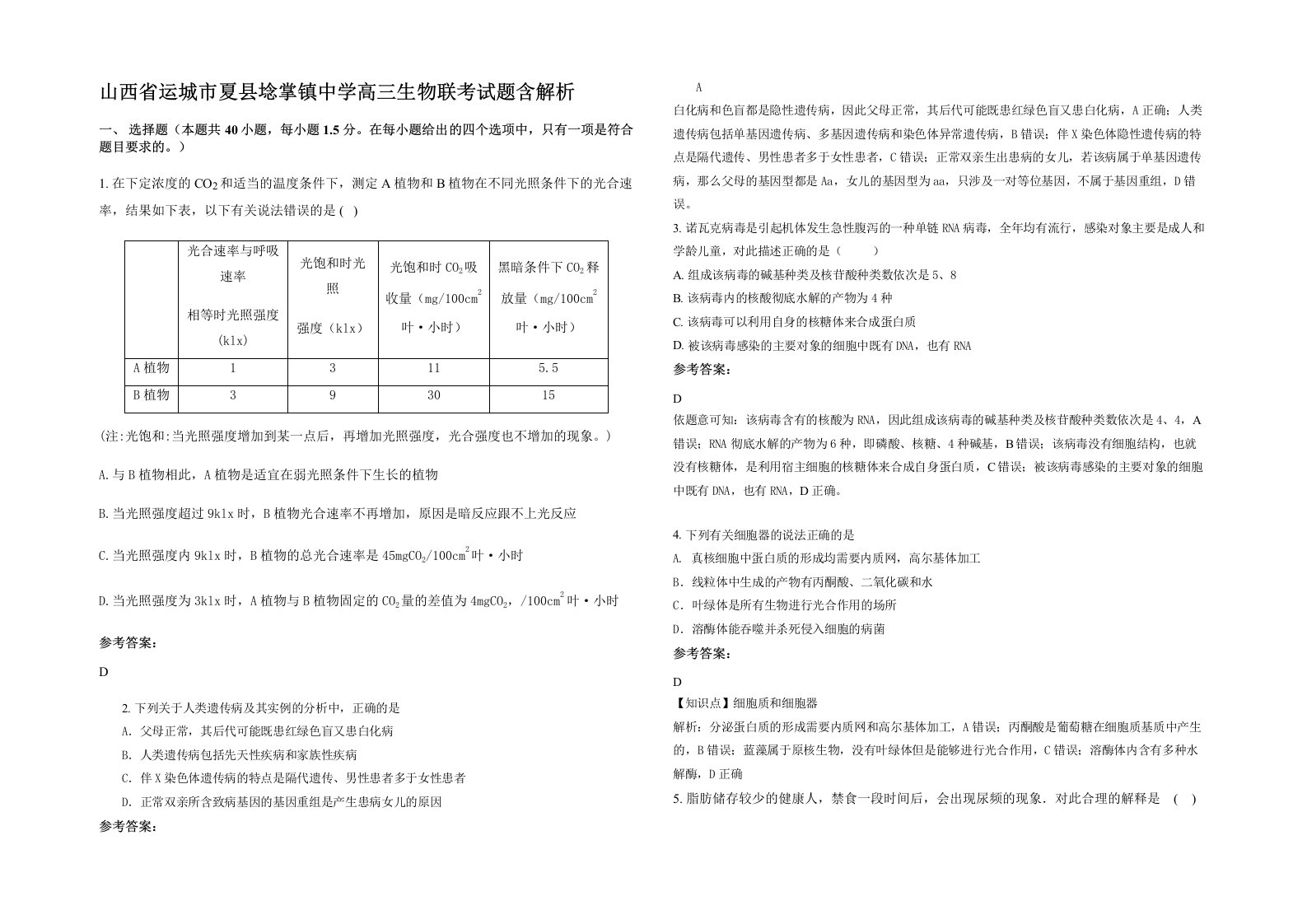 山西省运城市夏县埝掌镇中学高三生物联考试题含解析