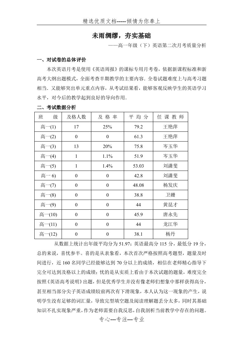 高一英语月考质量分析(共2页)