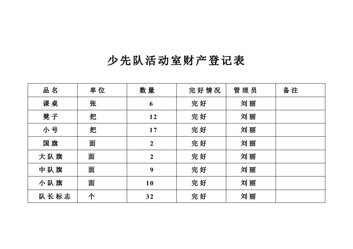 少先队活动室财产登记表