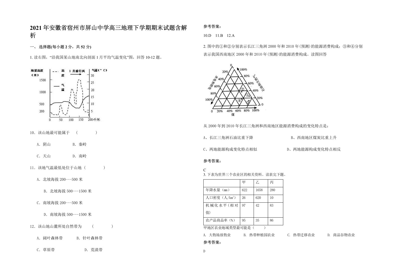 2021年安徽省宿州市屏山中学高三地理下学期期末试题含解析