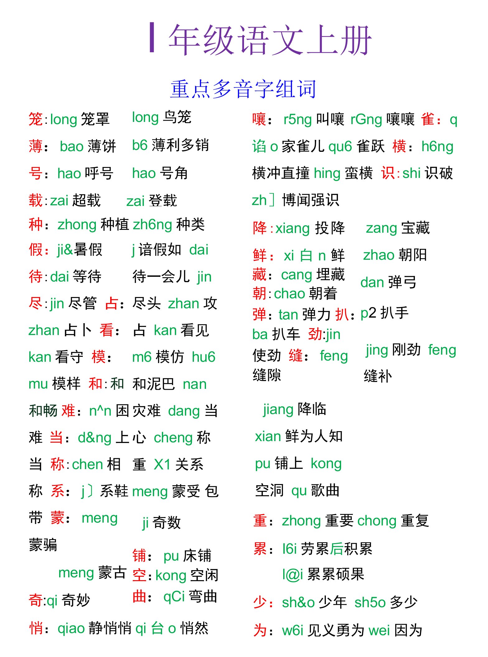 四年级语文上册重点多音字组词