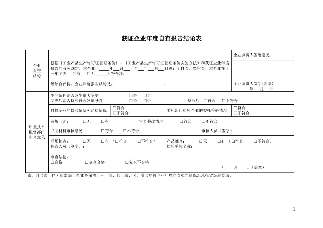 获证企业年度自查报告结论表