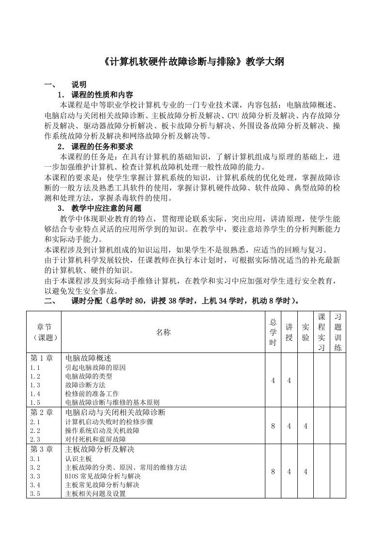 计算机软硬件故障诊断与排除教学大纲