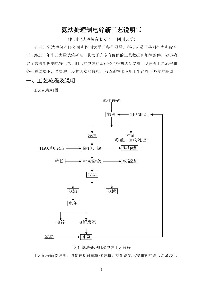 氨法处理氧化锌矿制电锌工艺说明书