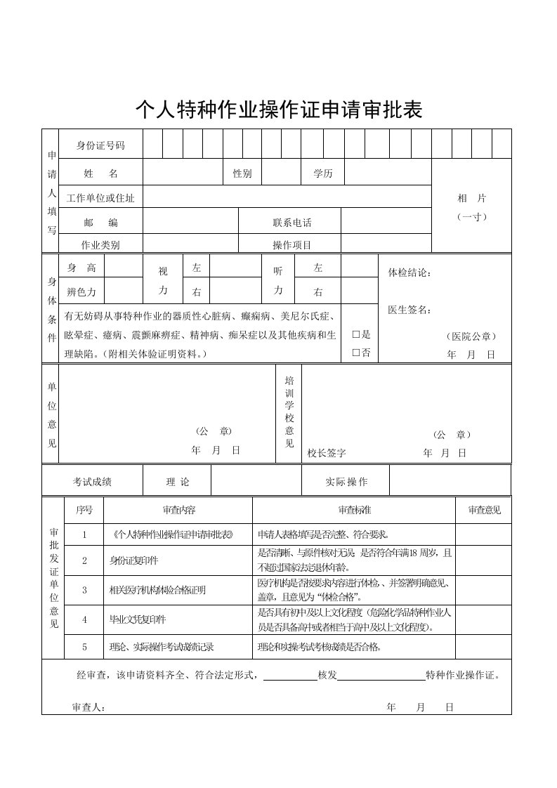 个人特种作业操作证申请审批表